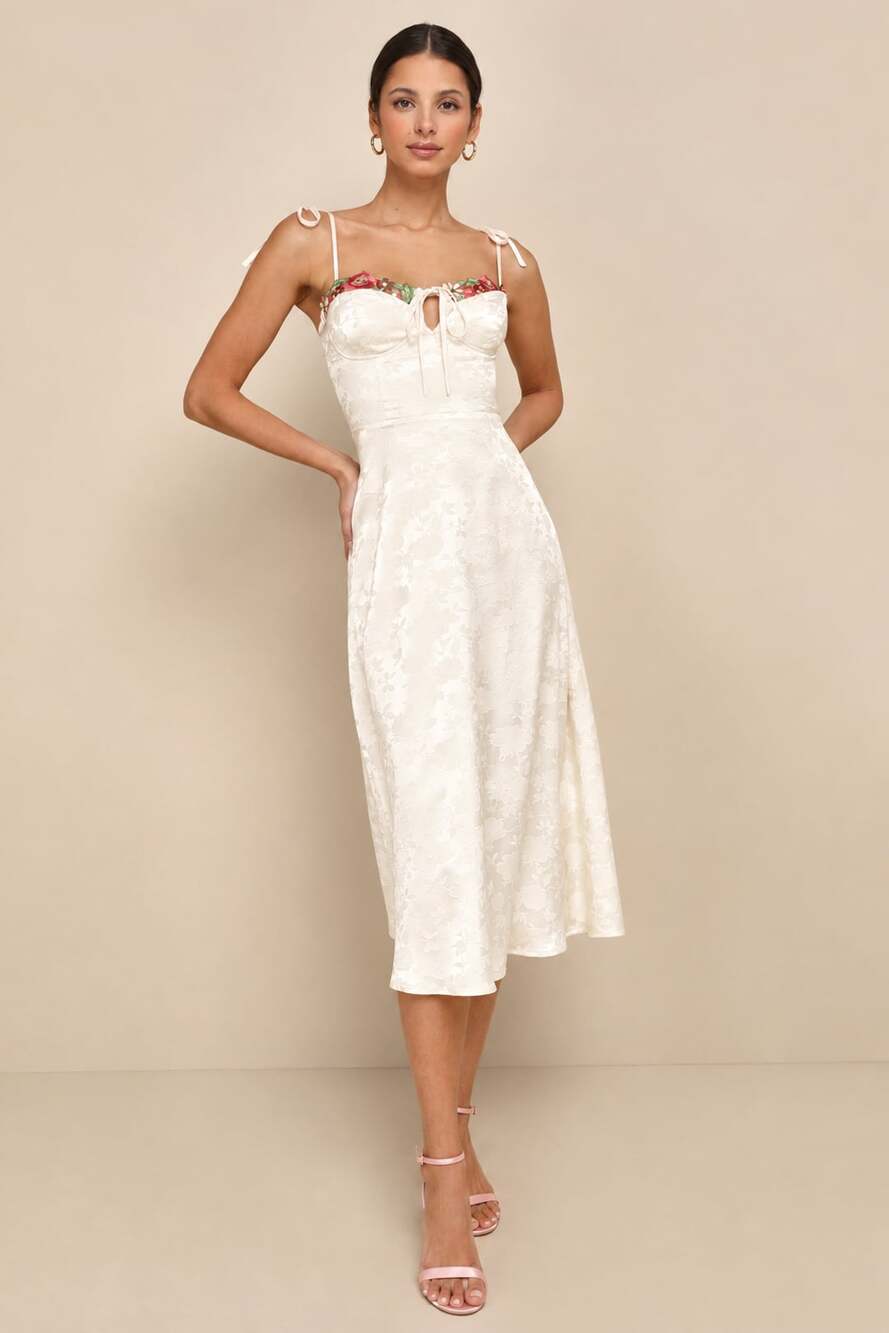 Lulus Ivory Floral Jacquard Embroidered Bustier Midi Slip Dress Bridal shower Br